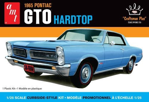 Detailed plastic model kit of a 1965 Pontiac GTO Hardtop, featuring 54 parts and chrome accents for easy assembly.