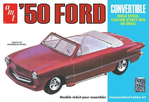 Detailed 1/25 scale model kit of a '50 Ford Convertible with 3-in-1 build options for classic car enthusiasts.