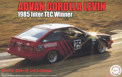 1/24 scale model kit of the Advan Corolla Levin, featuring detailed components, adjustable chassis, and racing decals.