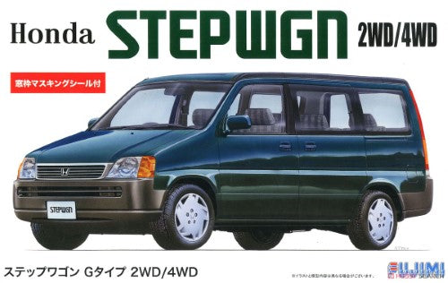 1/24 scale model kit of the 1996 Honda StepWagon G Type, featuring both 2WD and 4WD options with window frame masking included.
