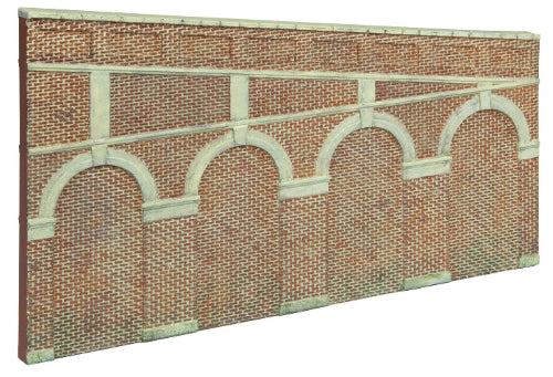 Hornby High Step Arched Retaining Walls in red brick, ideal for enhancing model railway landscapes with realistic details.