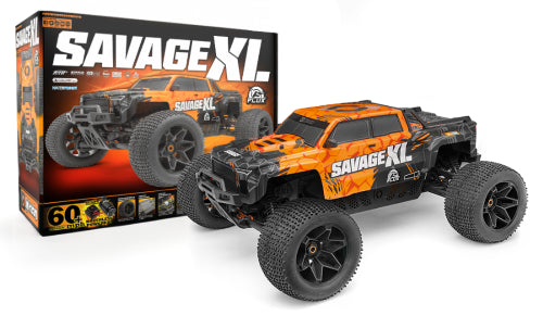 HPI Savage XL Flux V2: a powerful 1/8 scale monster truck with 4WD, oversized tires, and a stable LCG chassis for off-road thrills.