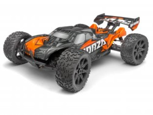 Vibrant 1/8 scale RC Vorza Flux Truggy with Nitro Star F4.6 V2 engine, ready for high-speed all-terrain action.