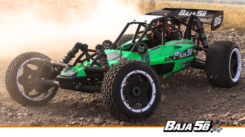 Electric-powered 1/5 scale Baja 5B buggy kit, features streamlined design, long travel suspension, and customizable components.