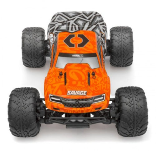 Electric-powered 1/10 scale monster truck with custom body wrap, 4WD, and brushless motor, ideal for high-octane adventures.