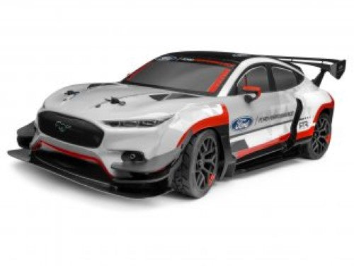 1/10 scale HPI Racing Ford Mustang Mach-E 1400, featuring pre-assembled 4WD, customizable livery, and advanced racing features.