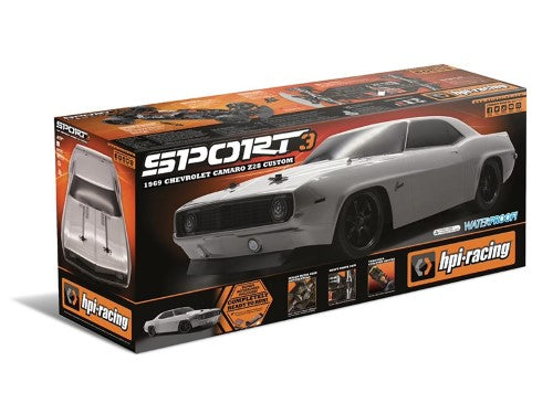 1/10 scale HPI Racing Camaro Z/28, muscle car replica with 4WD, waterproof electronics, and independent suspension for performance.