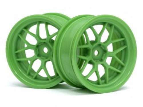 Vibrant green 1/10 scale RC wheels, 52x26mm with +6mm offset, designed for optimal traction and performance on any terrain.