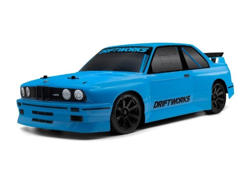 Alt text for Radio Control - BodyPntd 200mm: BMW Driftworks featuring a detailed, vibrant BMW E30 body for RC racing.