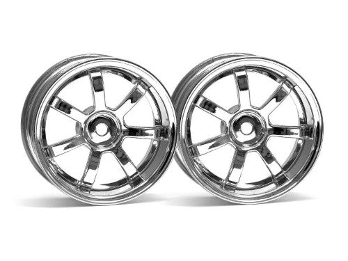 RAYS 26mm Chrome Wheels for 1/10 RC cars, lightweight with 3mm offset, enhancing aesthetics and performance on the track.