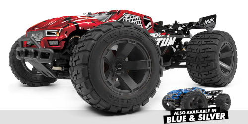 Red and silver MAV MV150107 Maverick Quantum XT electric stadium truck, features powerful brushed motor and adjustable suspension.