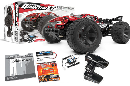 MAV MV150107 Quantum XT Red electric stadium truck with 15T brushed motor, adjustable suspension, and waterproof speed control.