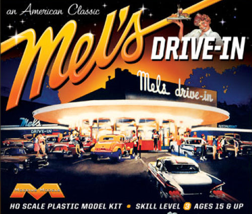 Detailed HO scale model of Mel's Drive-In, capturing 1960s Americana for model railroads and dioramas.