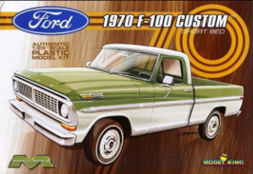 1/25 scale model kit of a 1970 Ford F100 Custom Short pickup, featuring detailed parts for assembly and customization.