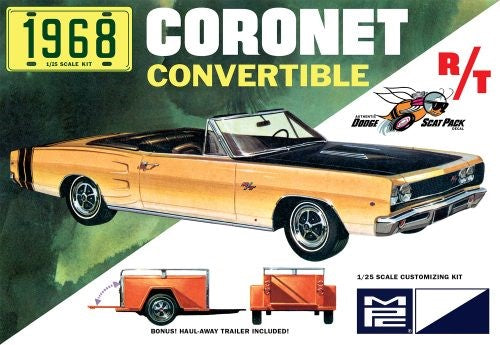 Detailed MPC 1/25 '68 Dodge Coronet Convertible model kit with over 100 parts and a bonus transport trailer for customizing fun.