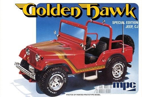 Detailed 1/25 scale model kit of the 1981 Jeep CJ5 Golden Hawk with customizable parts and vibrant colors.