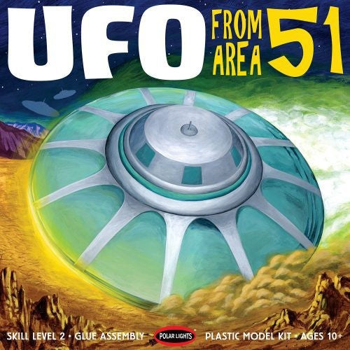 1/48 Area 51 U.F.O model kit with detailed interior, 3 alien figures, and vintage packaging, perfect for hobbyists and collectors.