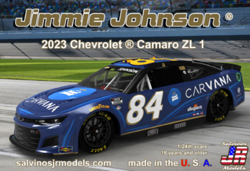 1/24 scale model kit of Jimmie Johnson's 2023 Chevrolet Camaro, featuring authentic decals and detailed plastic components.