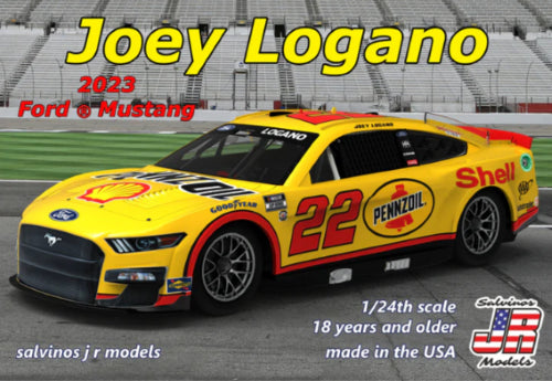 1/24 scale model kit of Team Penske's J. Logano Ford Mustang, featuring detailed design and Shell-Pennzoil branding for collectors.