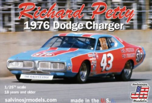 Detailed 1/25 scale model kit of Richard Petty's 1976 Dodge Charger, featuring authentic paint and parts for racing enthusiasts.