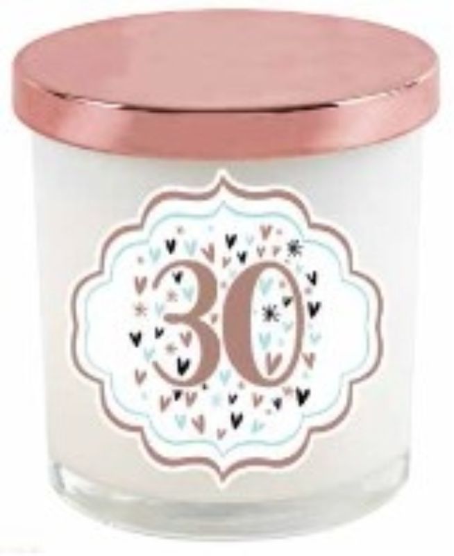 30th Pastel Heart Candle with rose gold lid, perfect for celebrations and adding warmth to any decor.
