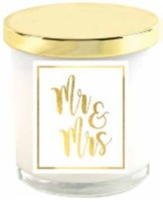 Elegant MR & MRS GOLD LID Candle with gold lid, ideal for weddings or as a gift, offering a warm ambiance and soothing fragrances.