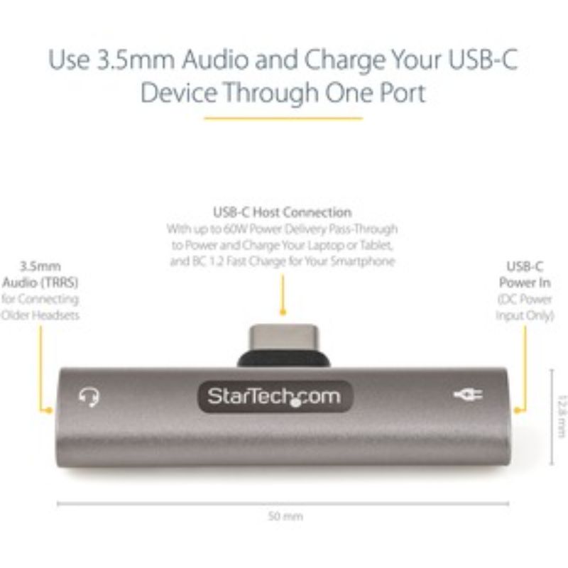 StarTech.com USB-C to 3.5mm audio adapter enabling audio and charging for devices with a USB-C port, sleek design.