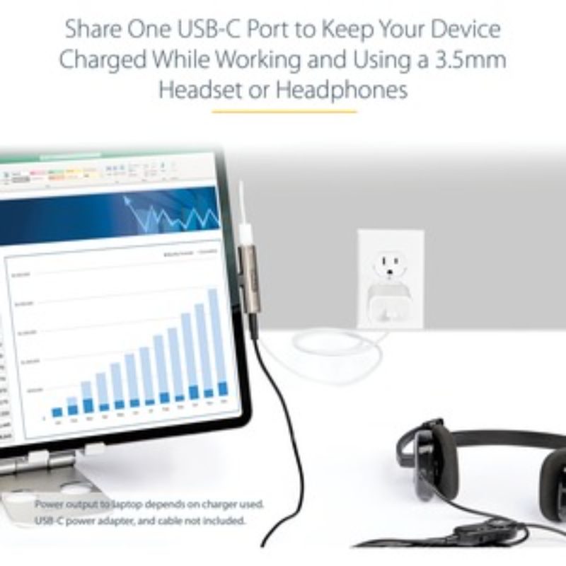 USB-C to 3.5mm audio adapter enabling simultaneous audio and charging for devices with USB-C ports.