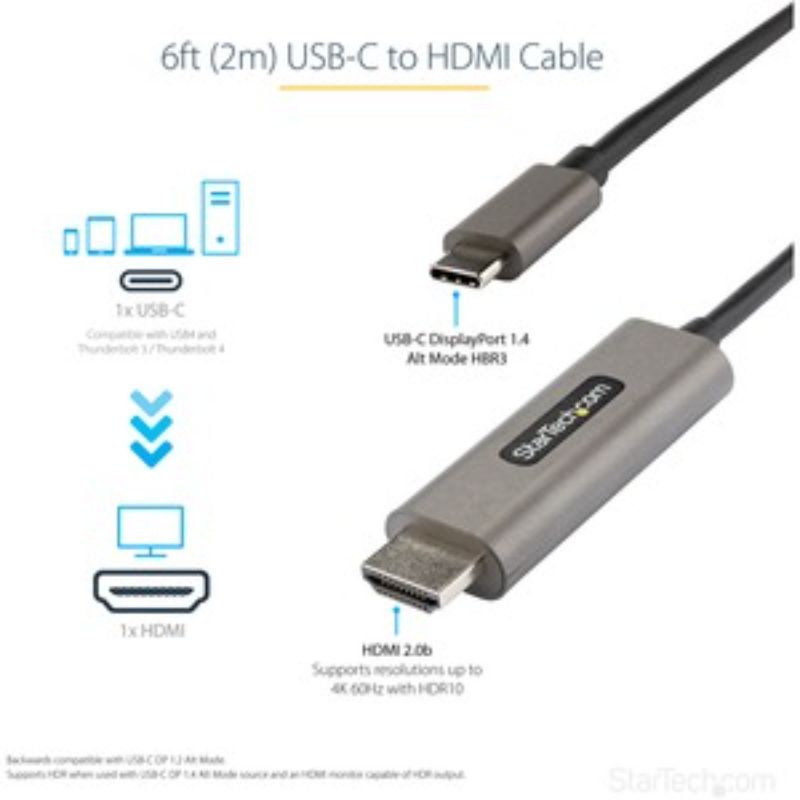 StarTech.com 6ft USB C to HDMI Cable Adapter 4K 60Hz HDR10 - UHD HDMI 2.0b - 2