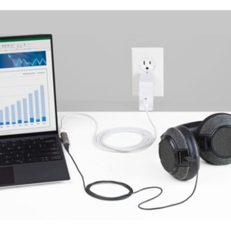 USB-C audio and charging adapter with 60W power delivery, allowing simultaneous audio and device charging, compact design.