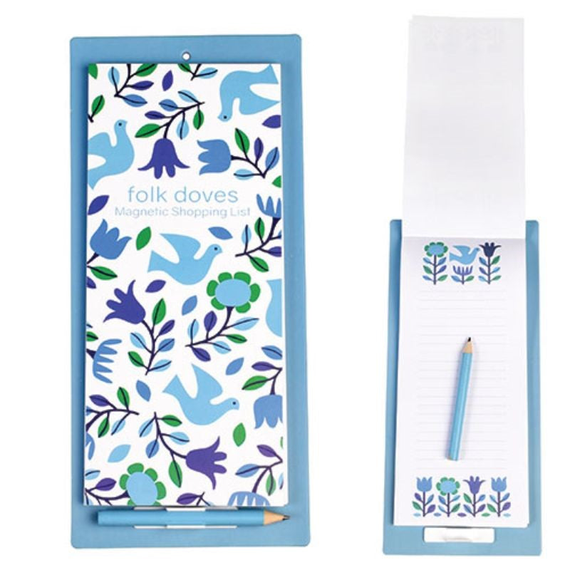 Folk Doves Magnetic Shopping List pad with 60 lined pages and clip-on pencil, perfect for organizing groceries on the fridge.