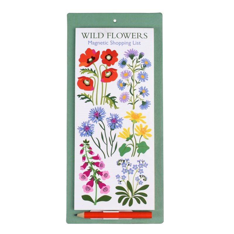Wild Flowers Magnetic Shopping List with 60 lined pages, attached pencil, and charming floral design for organized grocery errands.
