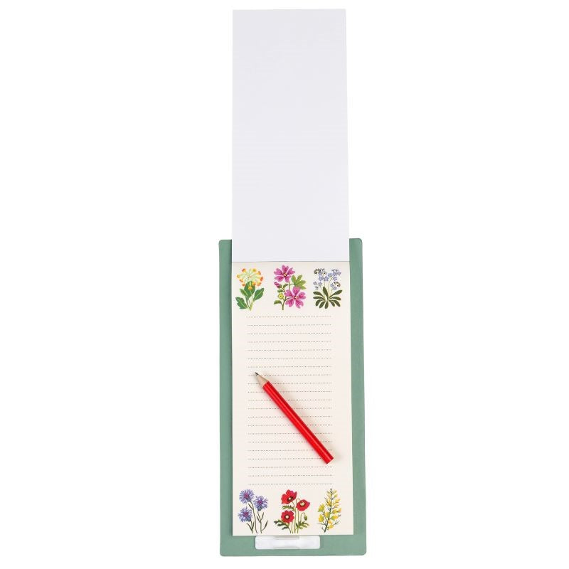 Wild Flowers Magnetic Shopping List with 60 lined pages, pencil, and holder for organizing groceries on the fridge.