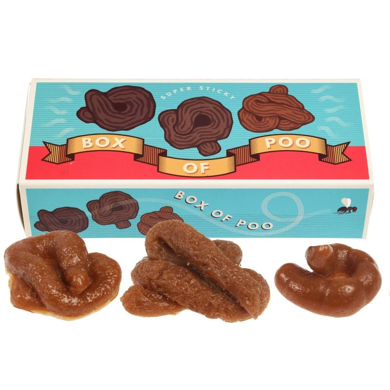 Box of Sticky Poo from Rex London, featuring three realistic fake poos for hilarious pranks and laughter at gatherings.