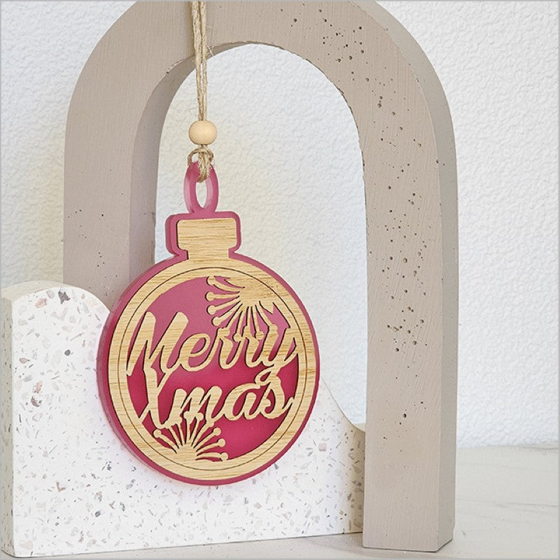 Pink satin acrylic hanging ornament with laser-cut bamboo base, perfect for Christmas tree decor or gifting.