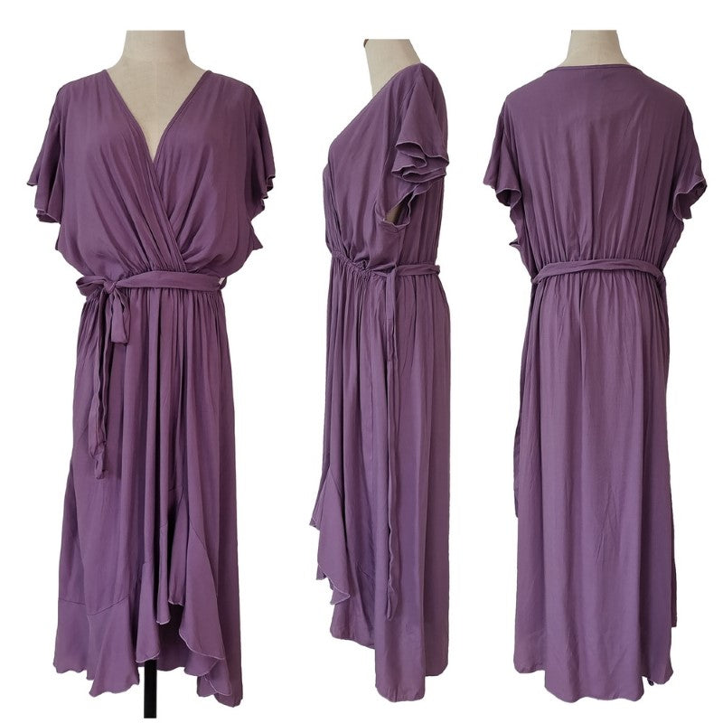 Vibrant large purple bias cut hemline dress, 100% viscose, 120cm drop length, perfect for stylish summer outings.