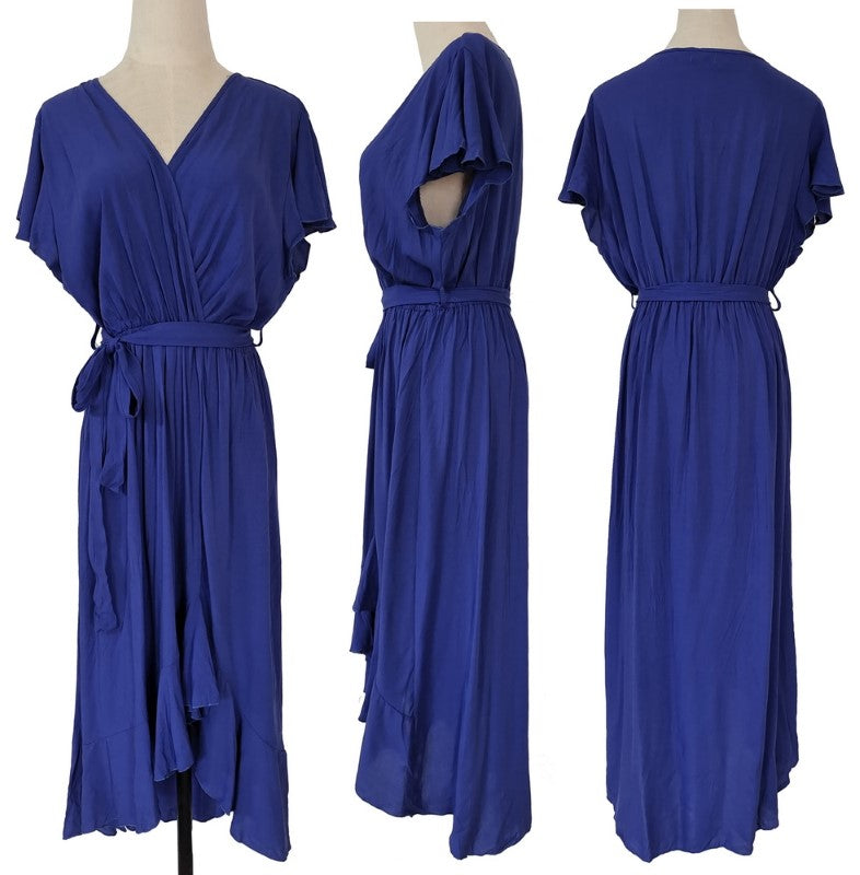 Bias cut hemline dress in large cobalt, made from 100% viscose; stylish and flattering for various occasions.