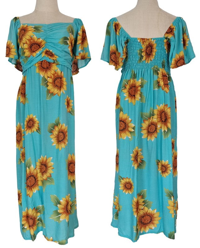 Elegant ruched bodice dress in medium sky, made of 100% viscose, perfect for casual and special occasions.