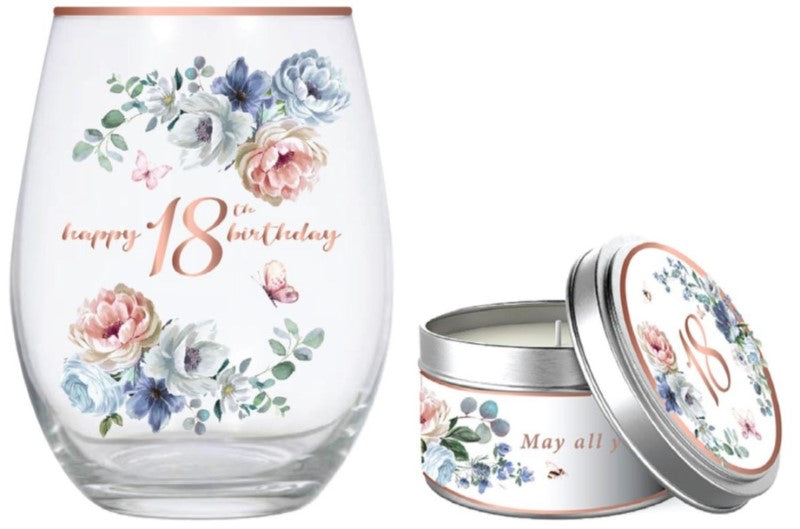 Elegant 520ml stemless glass with dancing roses design paired with a vanilla-scented candle, perfect for celebrations.