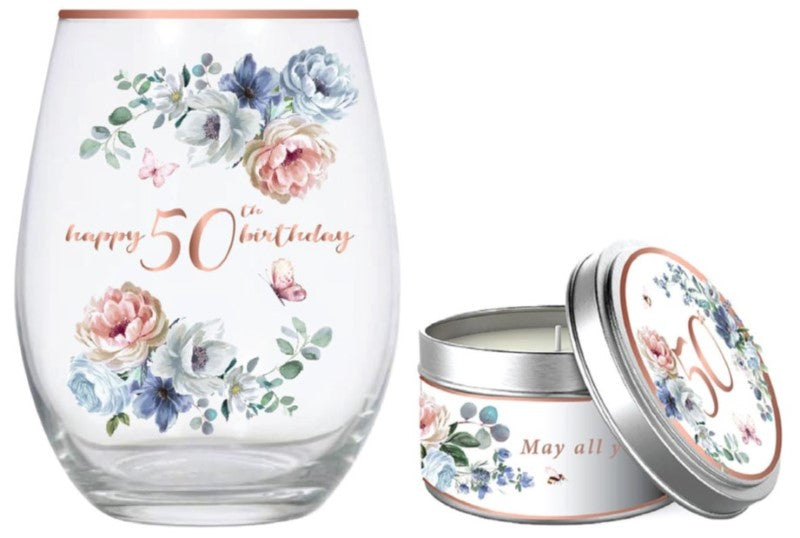 Elegant 50th stemless glass with dancing roses design and accompanying vanilla candle for special occasions.