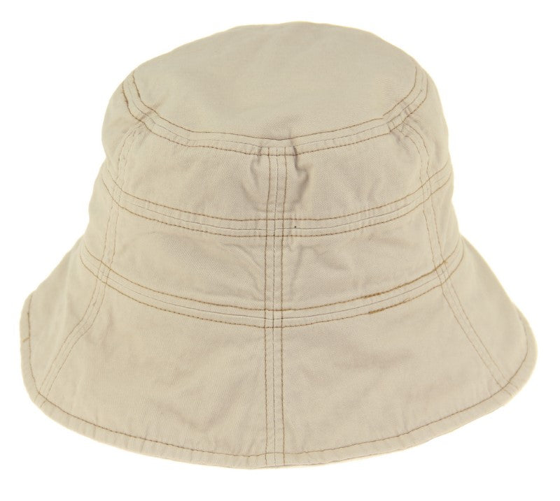 Natural cotton bucket hat with a 7cm brim, detachable chin strap, and velcro adjustment for a snug fit. Ideal for outdoor activities.