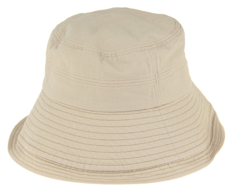 Natural Extendable Brim Edge Bucket Hat with 10cm brim, chin strap, and adjustable fit for sun protection and comfort.