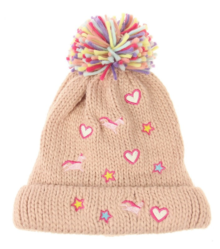 Light pink beanie set for kids featuring whimsical unicorn and heart designs, perfect for winter fun and style.