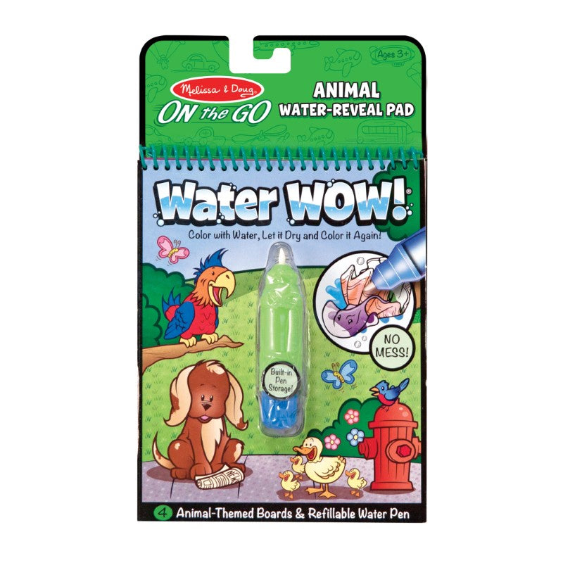 Coloring book featuring reusable animal-themed pages, water pen, and search-and-find activities for mess-free creativity.