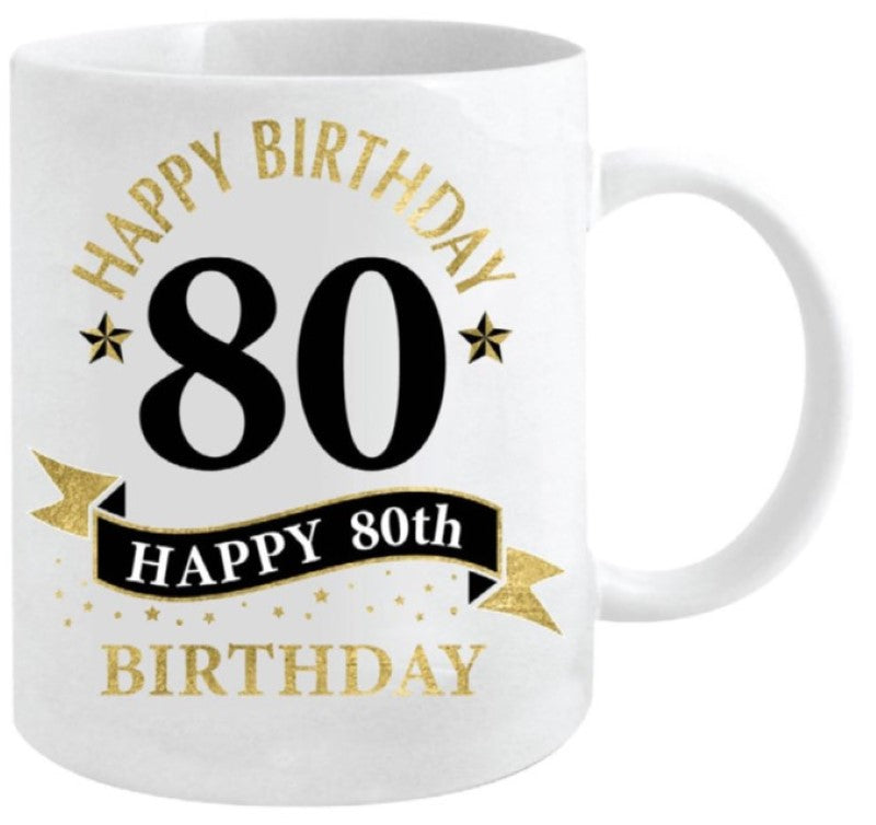 Elegant white and gold 80th mug (360ml) perfect for celebrating milestones with coffee or tea, a cherished keepsake.