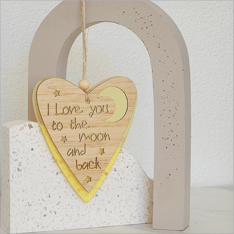 Yellow satin acrylic heart moon hanging ornament, 90mm x 105mm, combining elegance and charm for home decor or gifts.