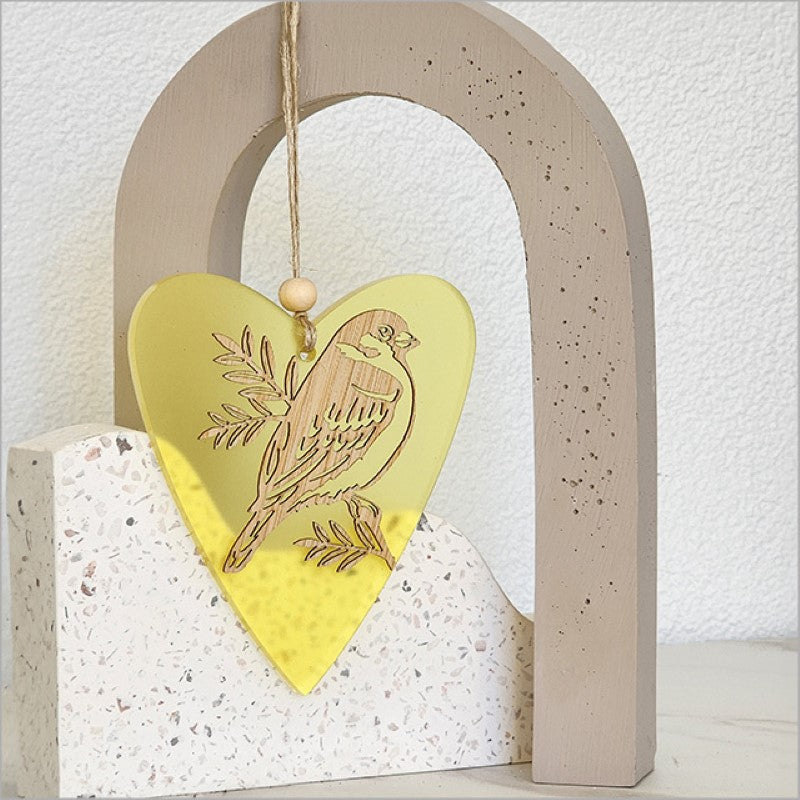 Yellow satin acrylic heart ornament featuring sparrows, perfect for home decor or thoughtful gifts, measuring 90mm x 105mm.