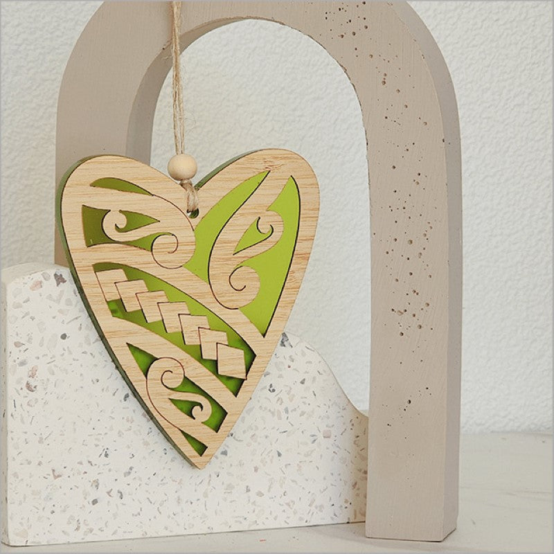 Heart-shaped lime satin acrylic hanging ornament, ideal for home decor and thoughtful gifts, measuring 90mm x 105mm.