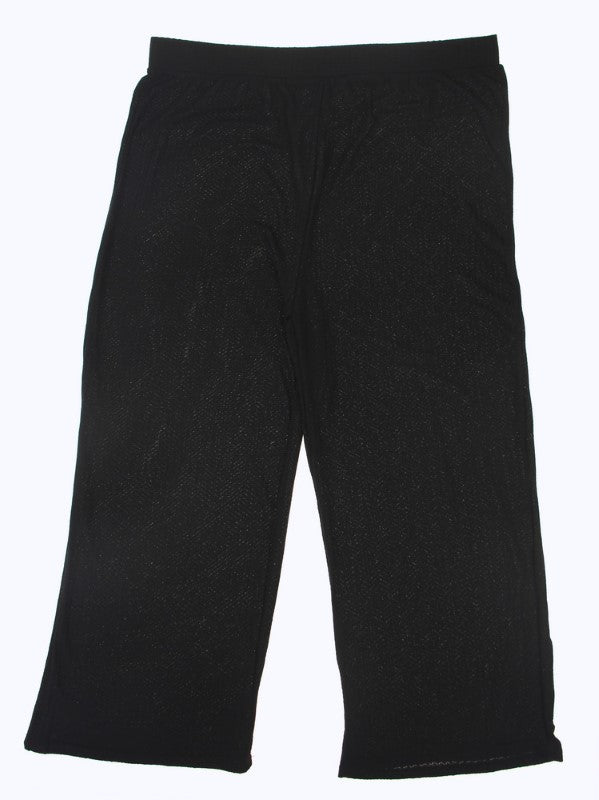 Solid black long pants with elastic waist, wide legs, and a sleek fit for versatile styling and comfort.