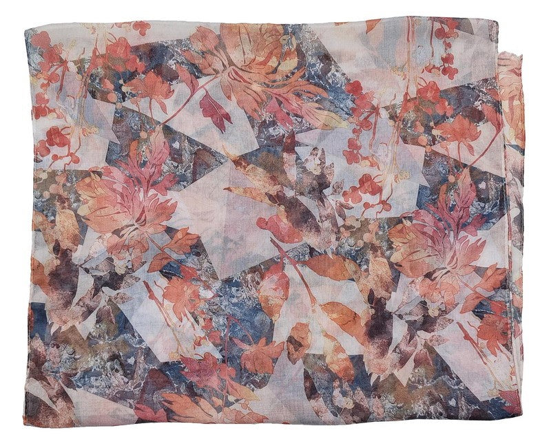 Set of 2 rust scarves featuring leaf patterns and geometric designs, crafted from soft polyester with stylish fringes.